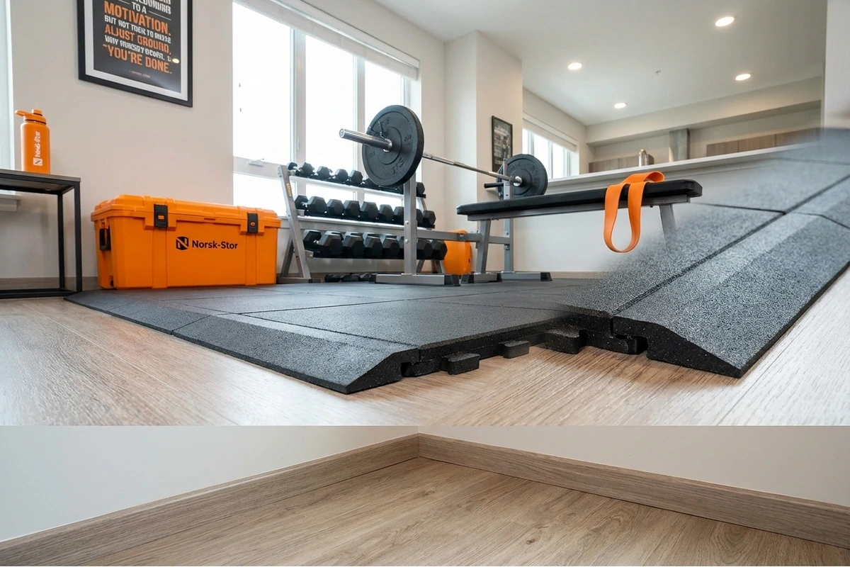 Apartment weightlifting corner with rubber tiles and edge ramps