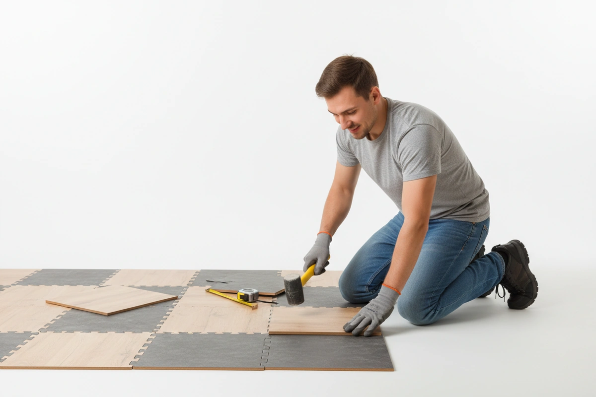 Homeowner installing interlocking PVC garage floor tiles without professional help, using only a rubber mallet