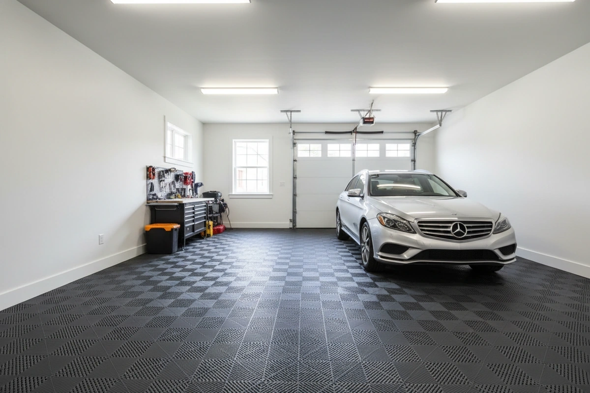 Modern two-car garage with interlocking PVC diamond tiles installed, showing clean professional result from DIY installation