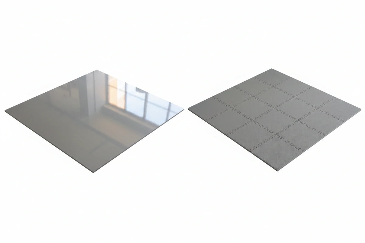 Side-by-side comparison of epoxy garage floor finish (left, seamless gloss) versus interlocking PVC tile surface (right, textured grid)