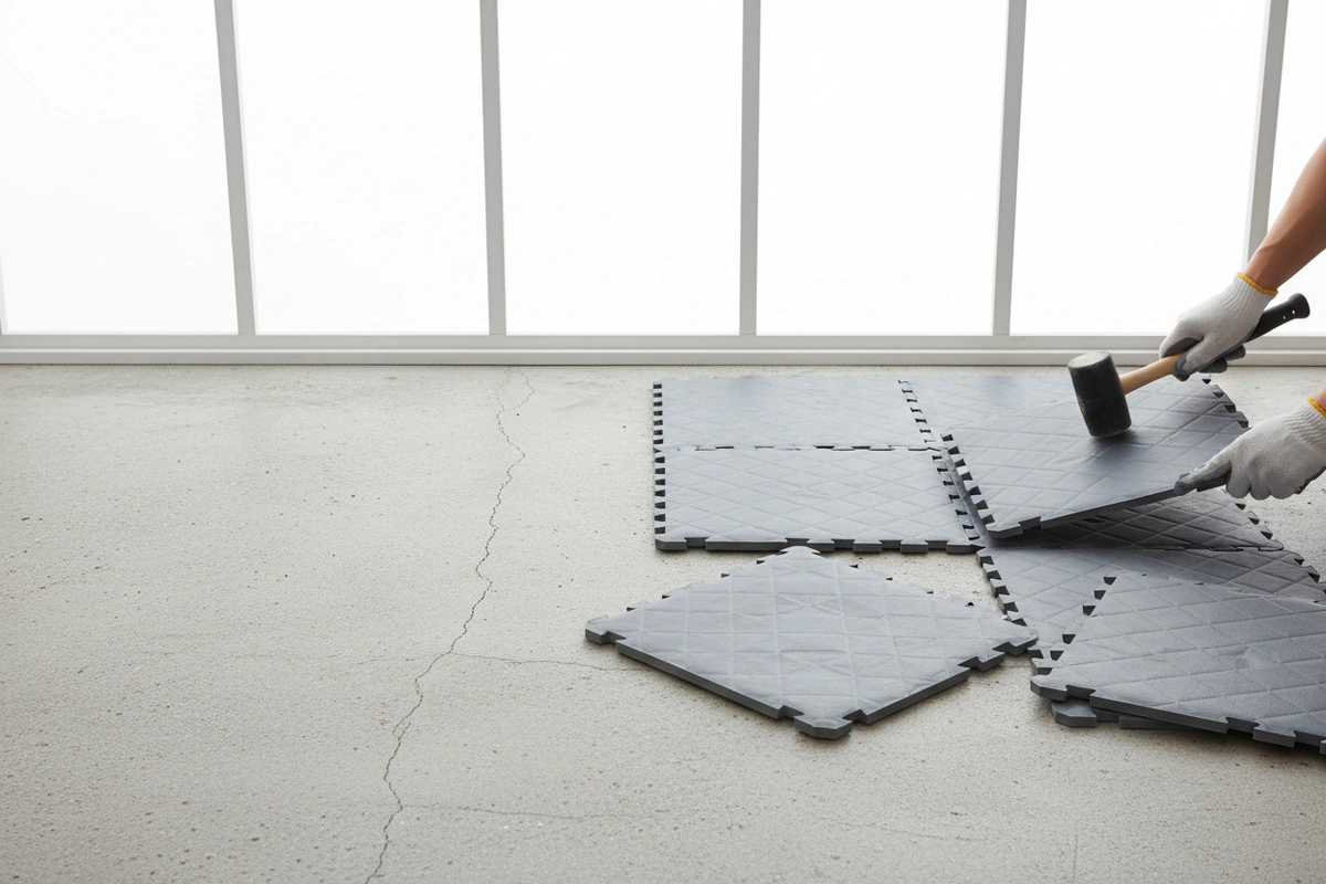 Interlocking PVC garage floor tiles being installed over cracked concrete, showing no surface prep required
