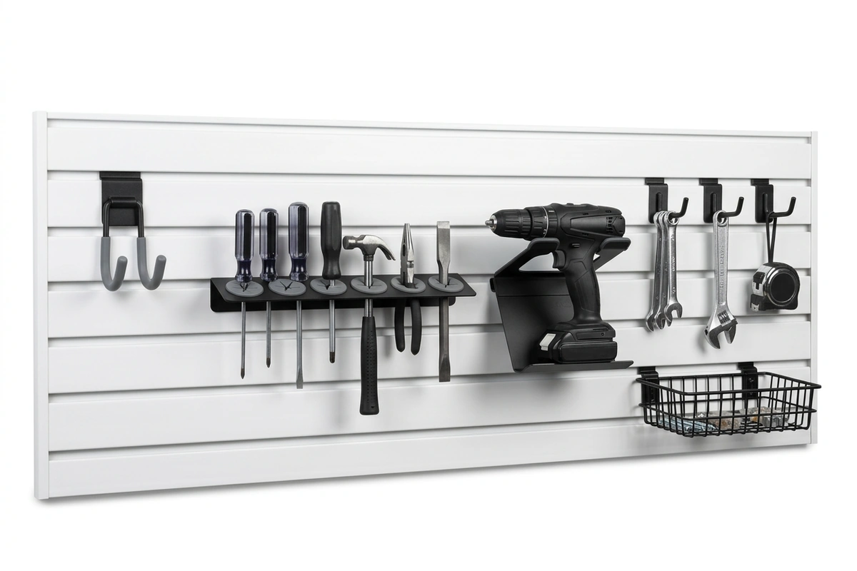 Section of NorskWall slatwall with screwdriver caddy, drill caddy, quad hooks holding hand tools, and small basket