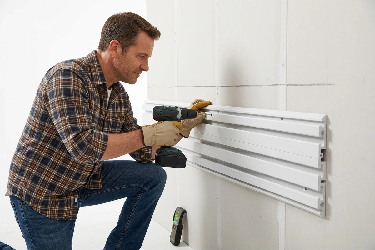 Homeowner drilling NorskWall slatwall panel into garage wall studs during DIY installation