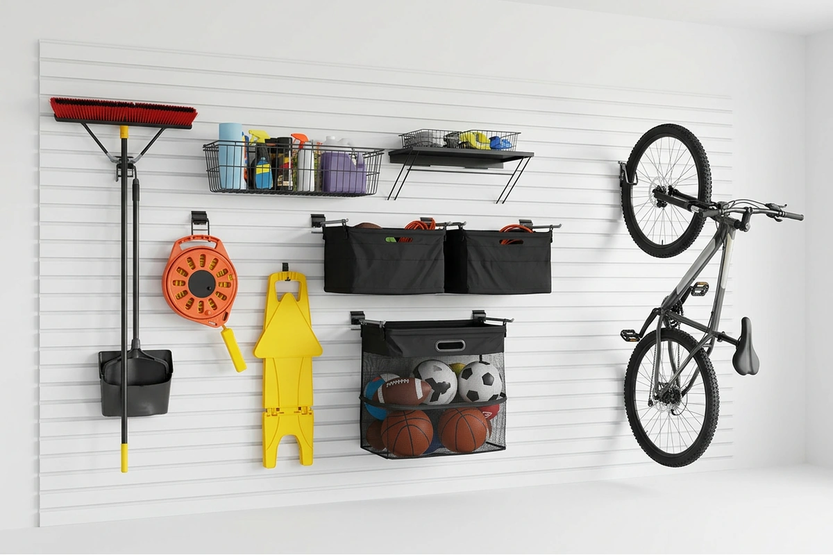 NorskWall slatwall panels installed in a residential garage with hooks, baskets, and a vertically hung bicycle