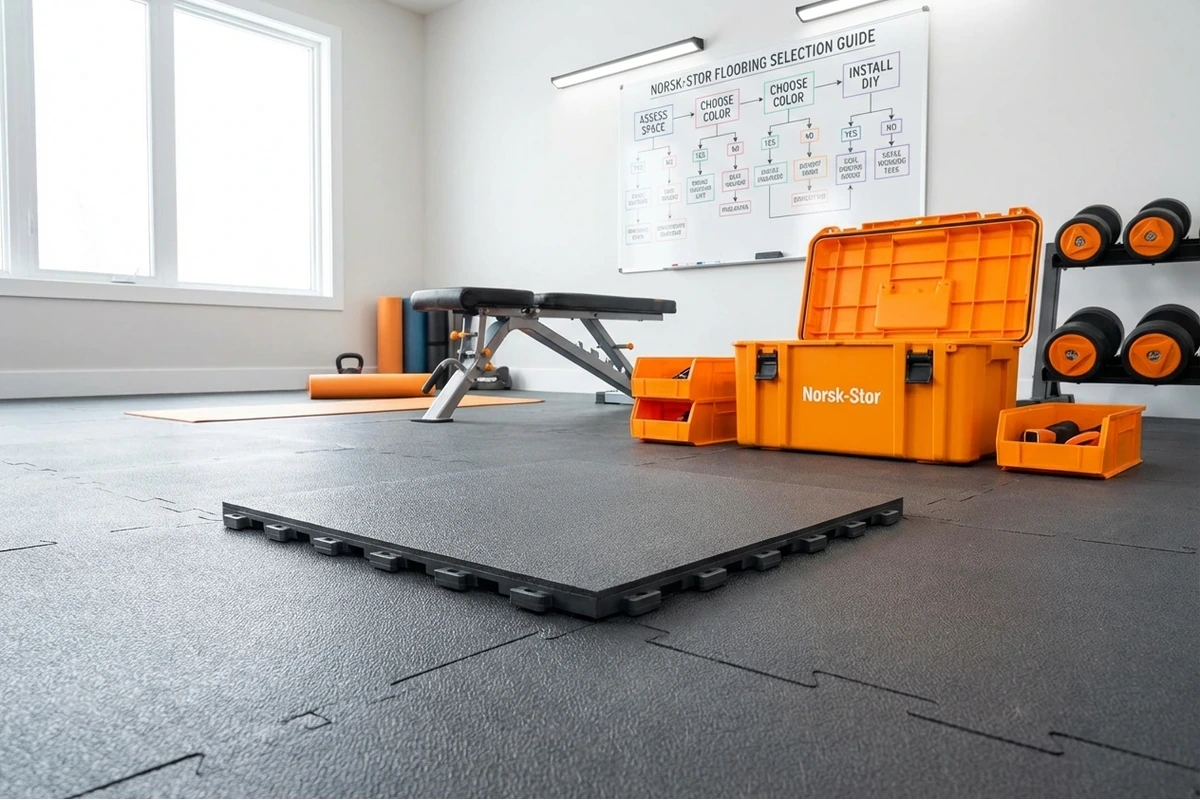 Decision flowchart helping homeowners choose between PVC tiles, roll-out mats, and garage floor coatings