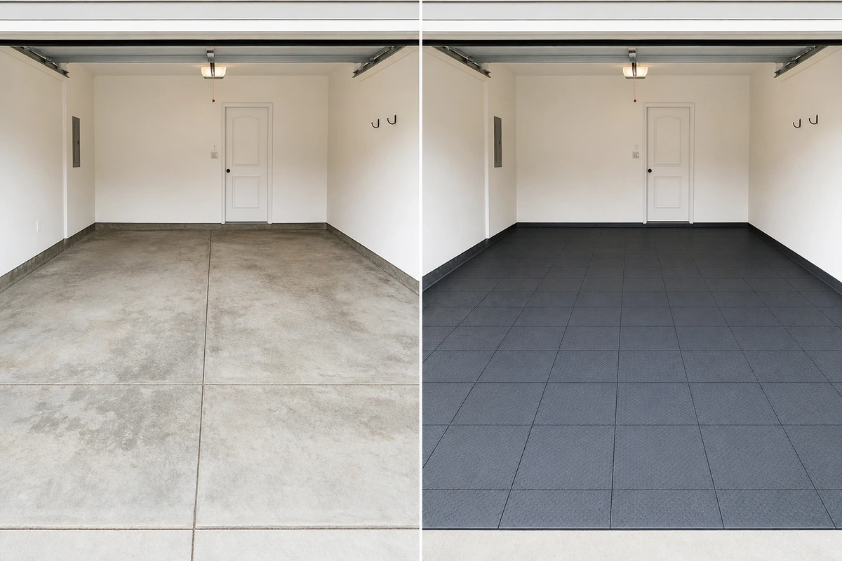 Split-frame garage comparison: bare weathered concrete on the left, finished dark-grey PVC tile floor on the right