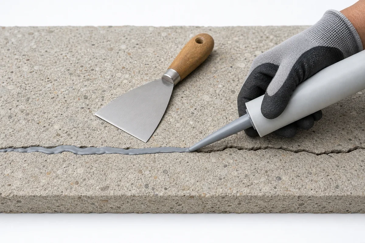 Close-up overhead view of grey elastomeric polyurethane patch being applied to a hairline crack in a residential concrete floor with a putty knife visible nearby