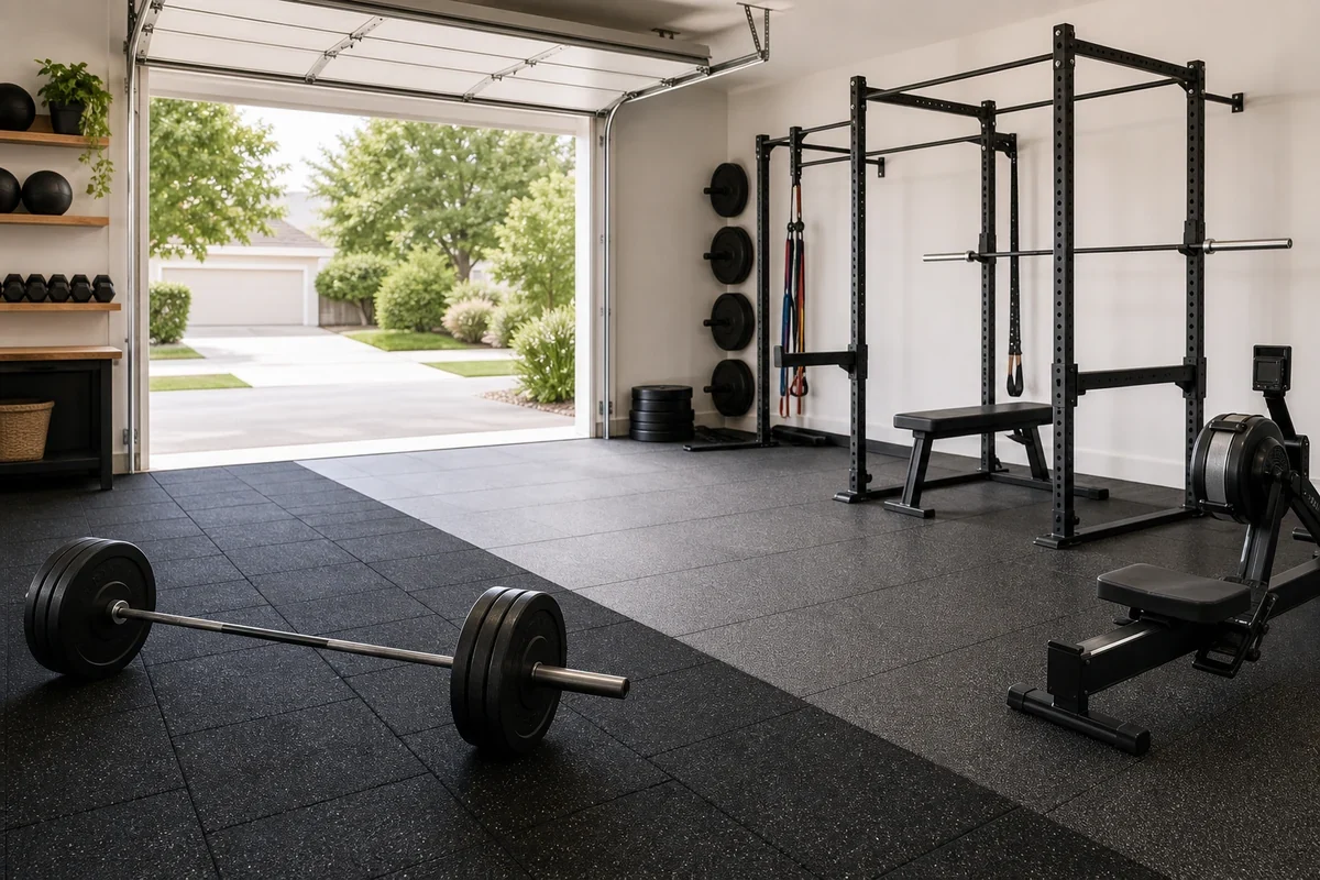 Residential CrossFit garage gym with zoned rubber flooring — drop zone, training zone, and power rack visible