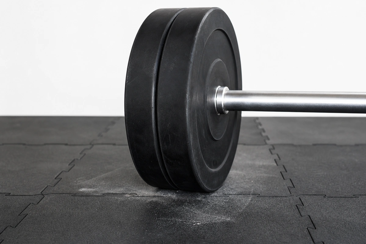 Medium close-up of a barbell loaded with two 45-pound black bumper plates resting on thick 0.70-inch rubber tile flooring, showing the interlock pattern and contact patch