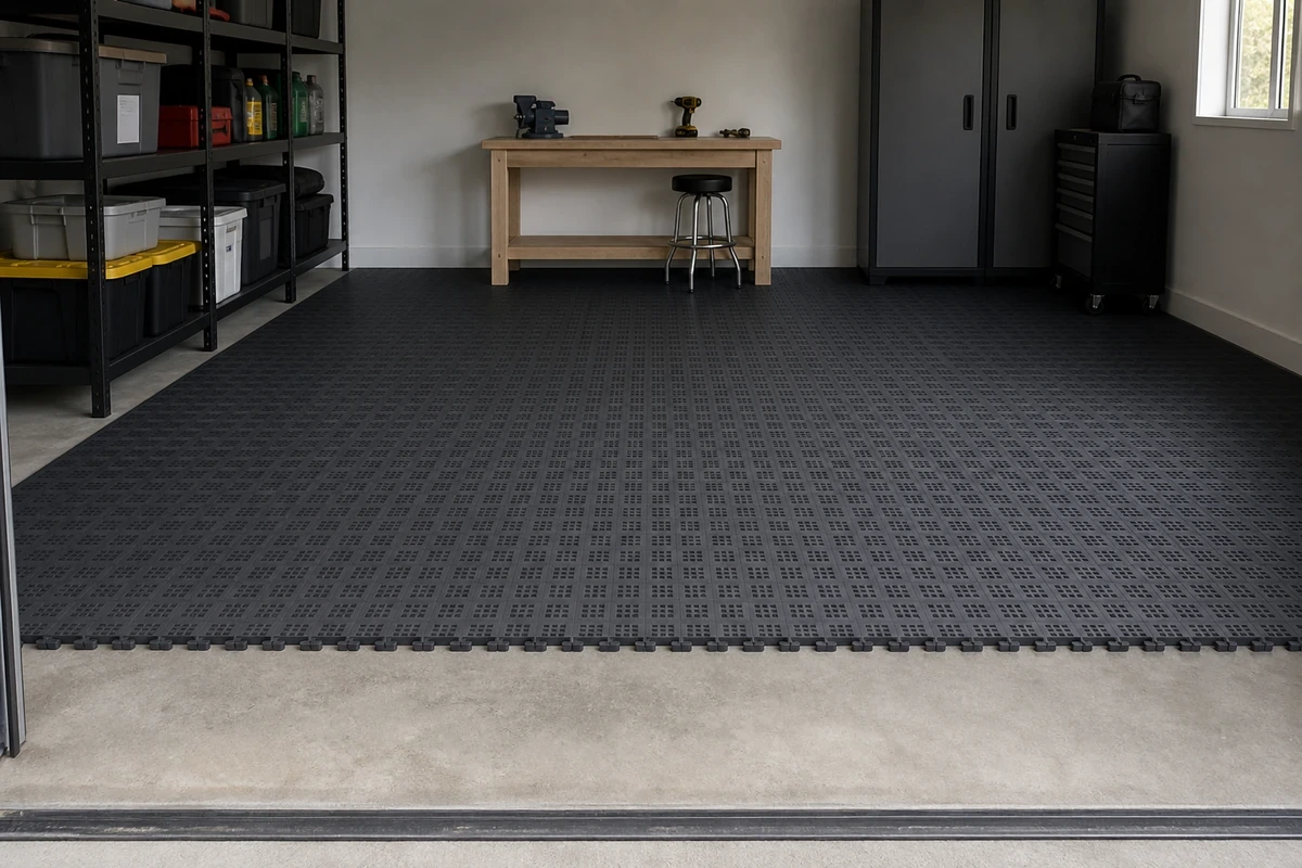 Freshly installed dark grey interlocking PVC tiles over a bare residential concrete garage slab, with the threshold transition between bare and finished floor visible