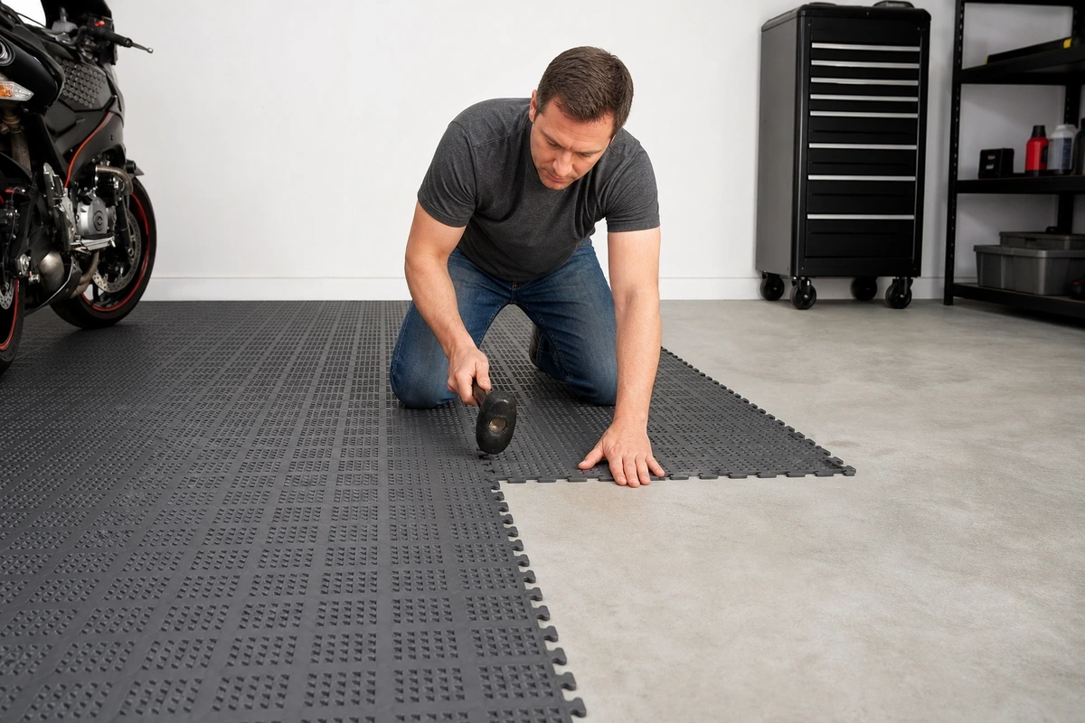Homeowner installing interlocking PVC garage floor tiles without professional help, using only a rubber mallet