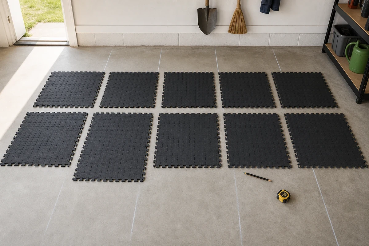 Top-down view of a residential garage during the dry-layout phase showing dark grey PVC tiles loosely arranged on a clean concrete slab with chalk lines visible