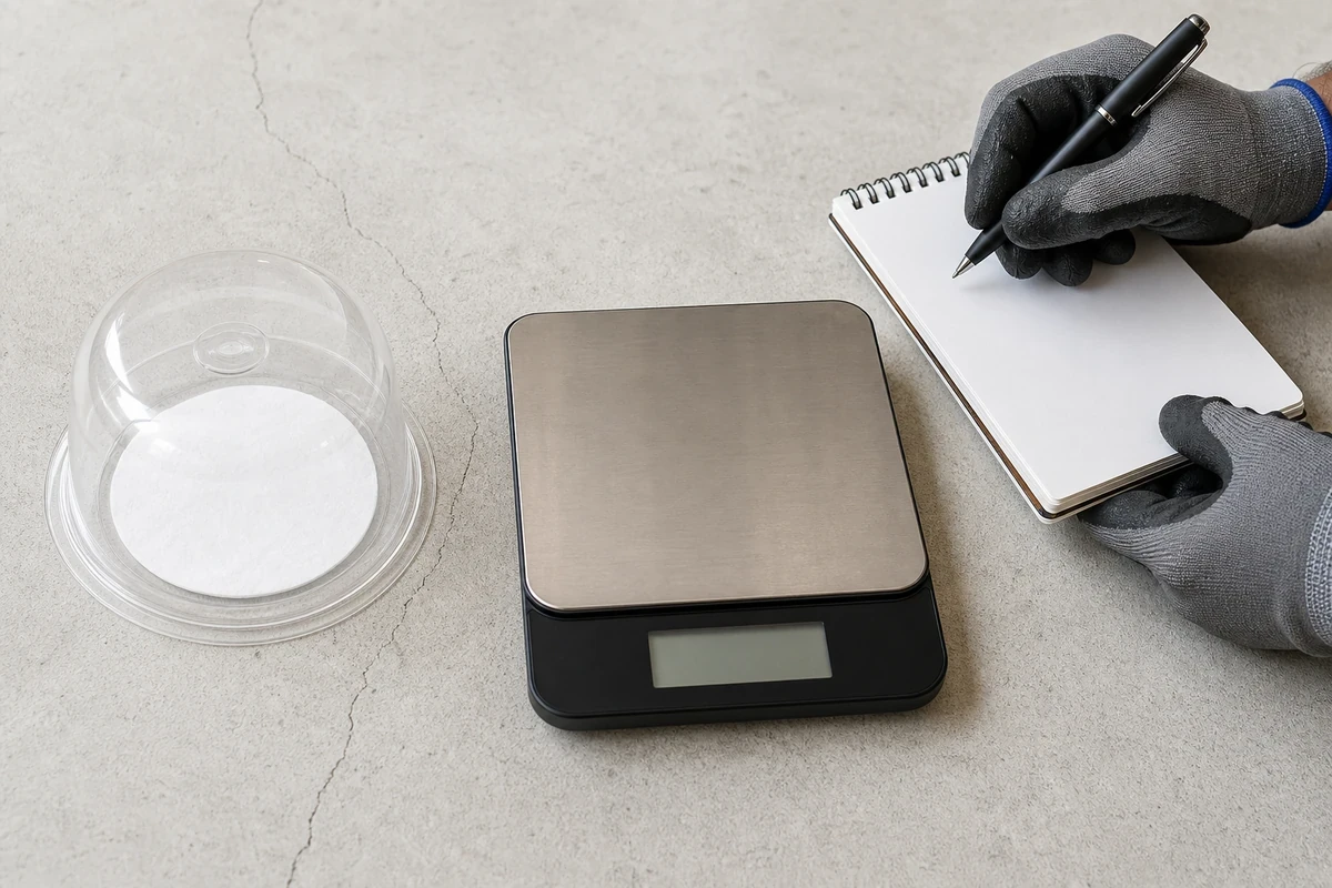 Top-down view of a calcium chloride moisture test kit with a clear dome and desiccant pad on a residential concrete floor, with a digital scale showing the reading nearby