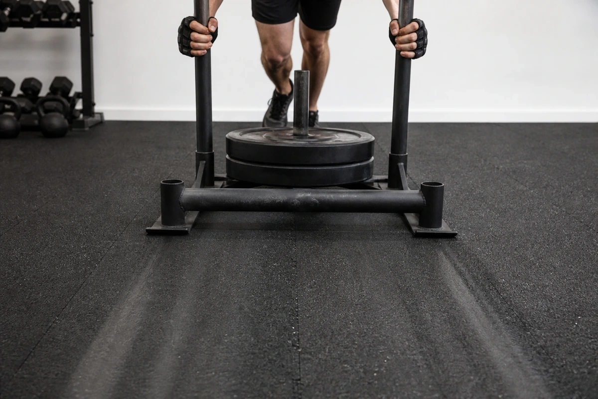 Weighted training sled mid-push across a glued rubber-roll floor showing realistic sled-track wear pattern, with the athlete's gloved hands visible at the top of the frame