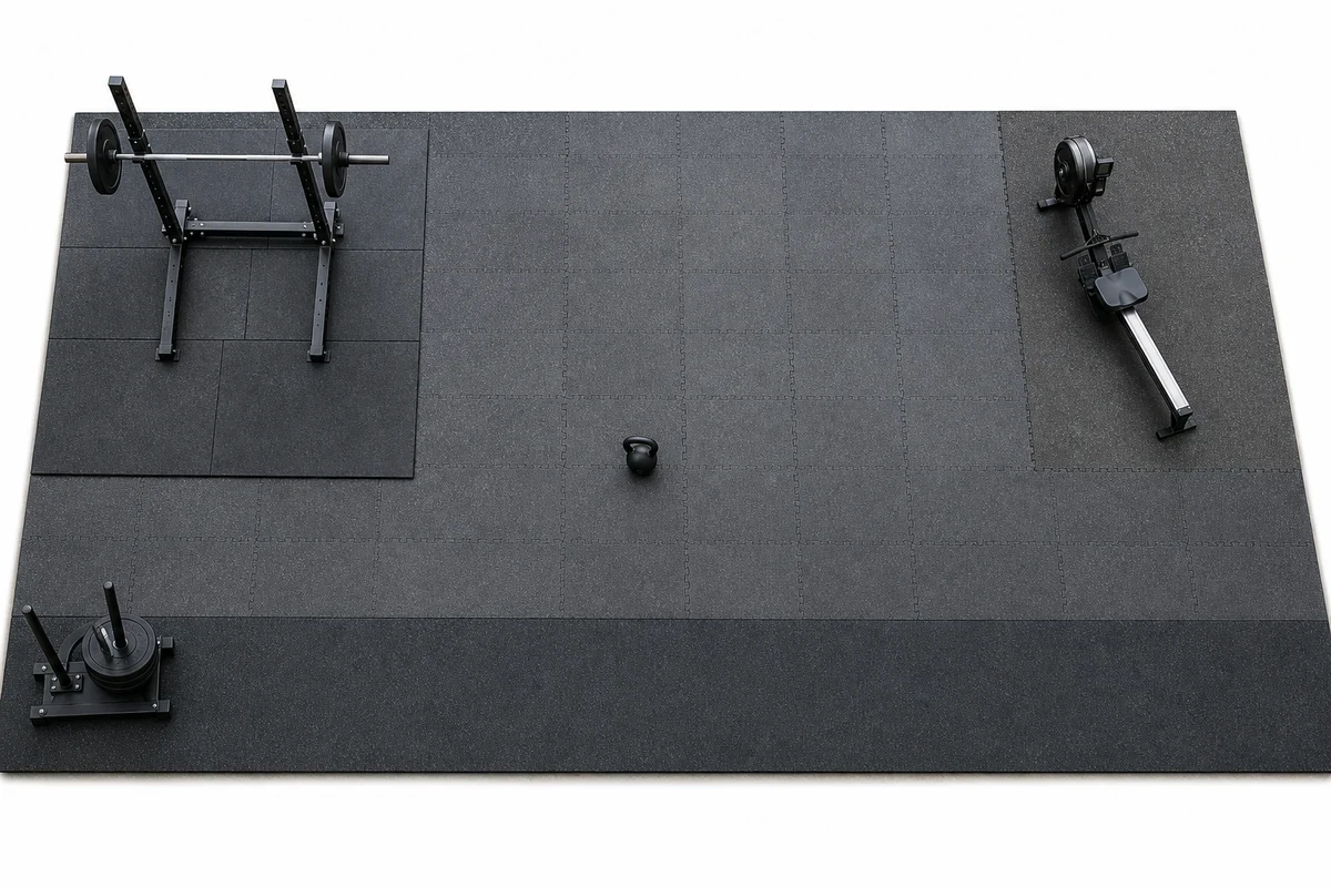 Top-down view of a CrossFit garage gym floor showing distinct zones via tile color and texture variation: dark drop zone in one corner, lighter training zone in the main area, narrow sled track along one edge, and a small mobility zone