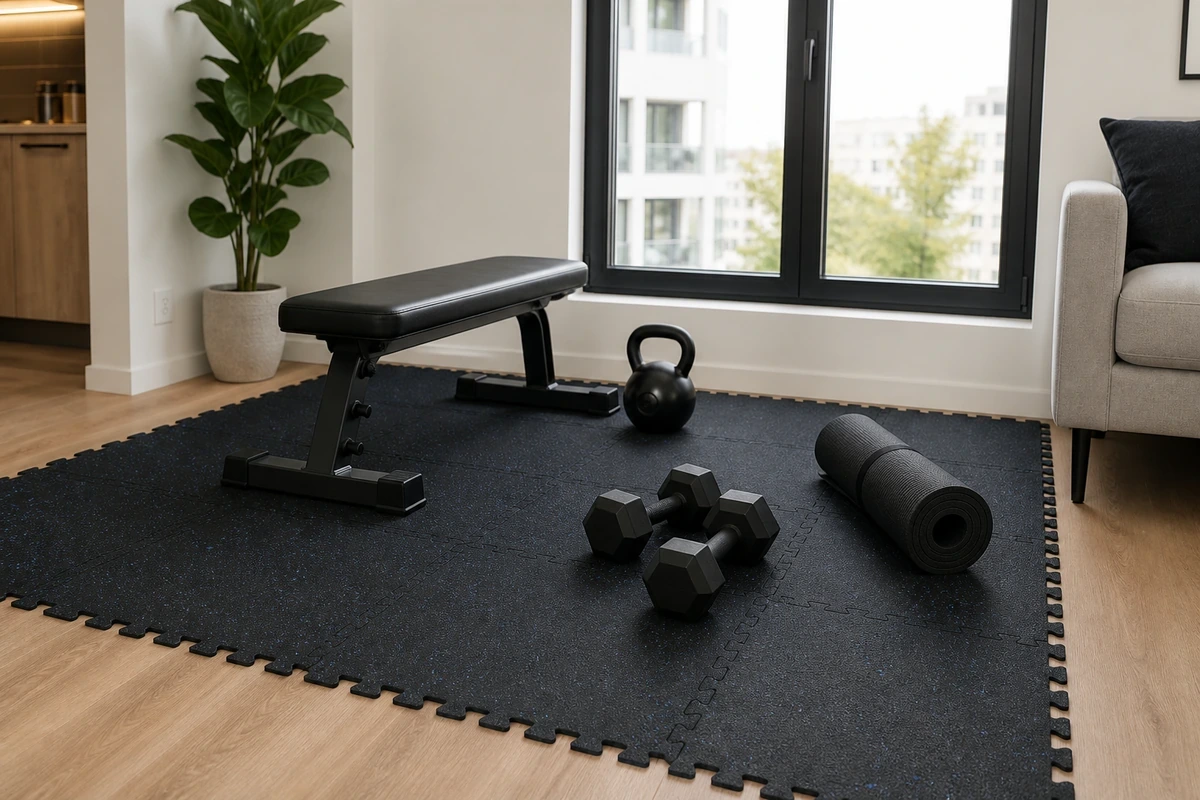 Compact apartment home gym with interlocking rubber tiles in living room corner with city view