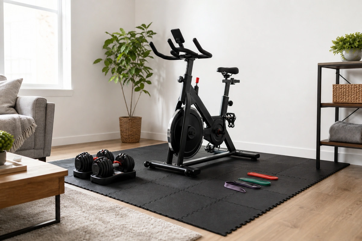 Compact apartment workout setup with rubber tile flooring, adjustable dumbbells, and magnetic spin bike in corner of modern living room