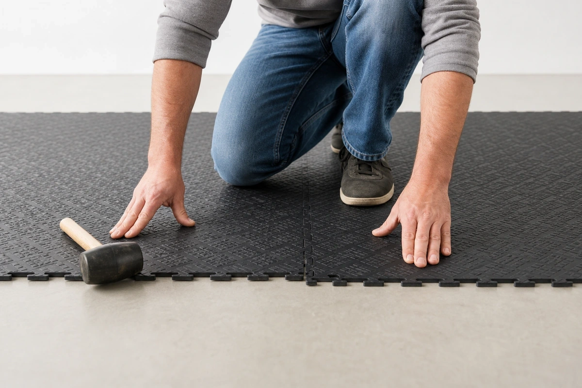 Homeowner installing interlocking PVC garage floor tiles by snapping tiles together, rubber mallet nearby