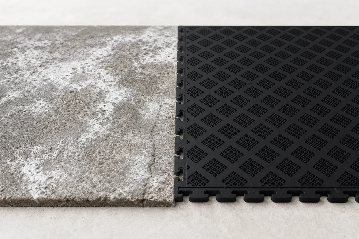 Side-by-side comparison: left shows salt-damaged cracked concrete, right shows clean protected PVC tile floor