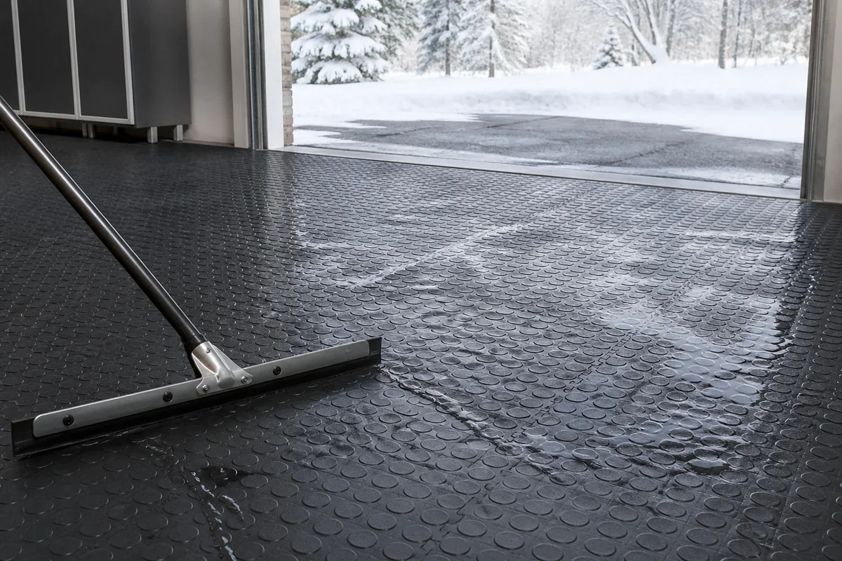 Person in winter jacket using a squeegee to push snowmelt water across PVC tile garage floor toward open door