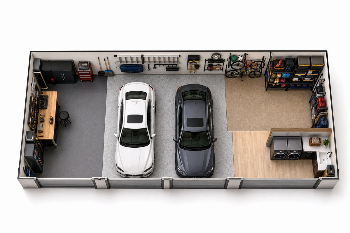 Garage floor plan showing 5 organization zones: parking, tools, sports, seasonal, workshop