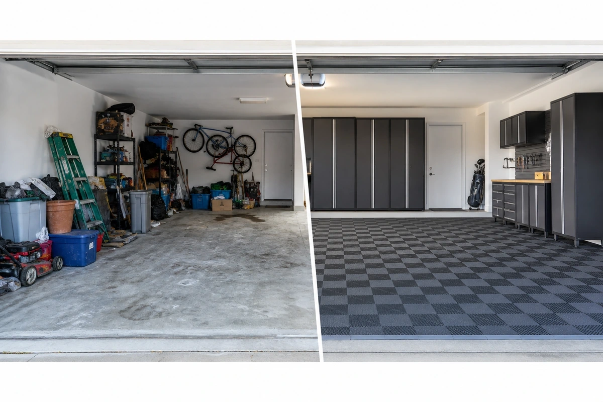 Split image showing cluttered garage before and organized garage after transformation