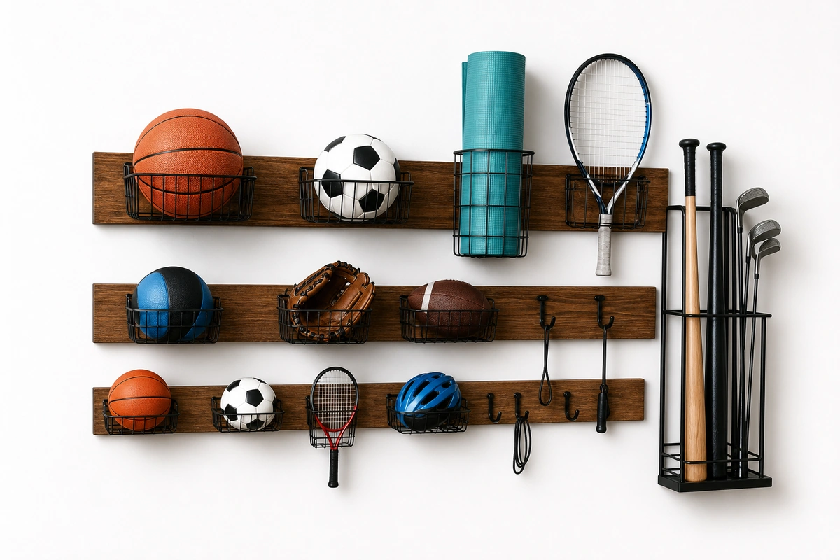 Family sports zone with bikes hung vertically, ball baskets, and kids' gear at accessible heights