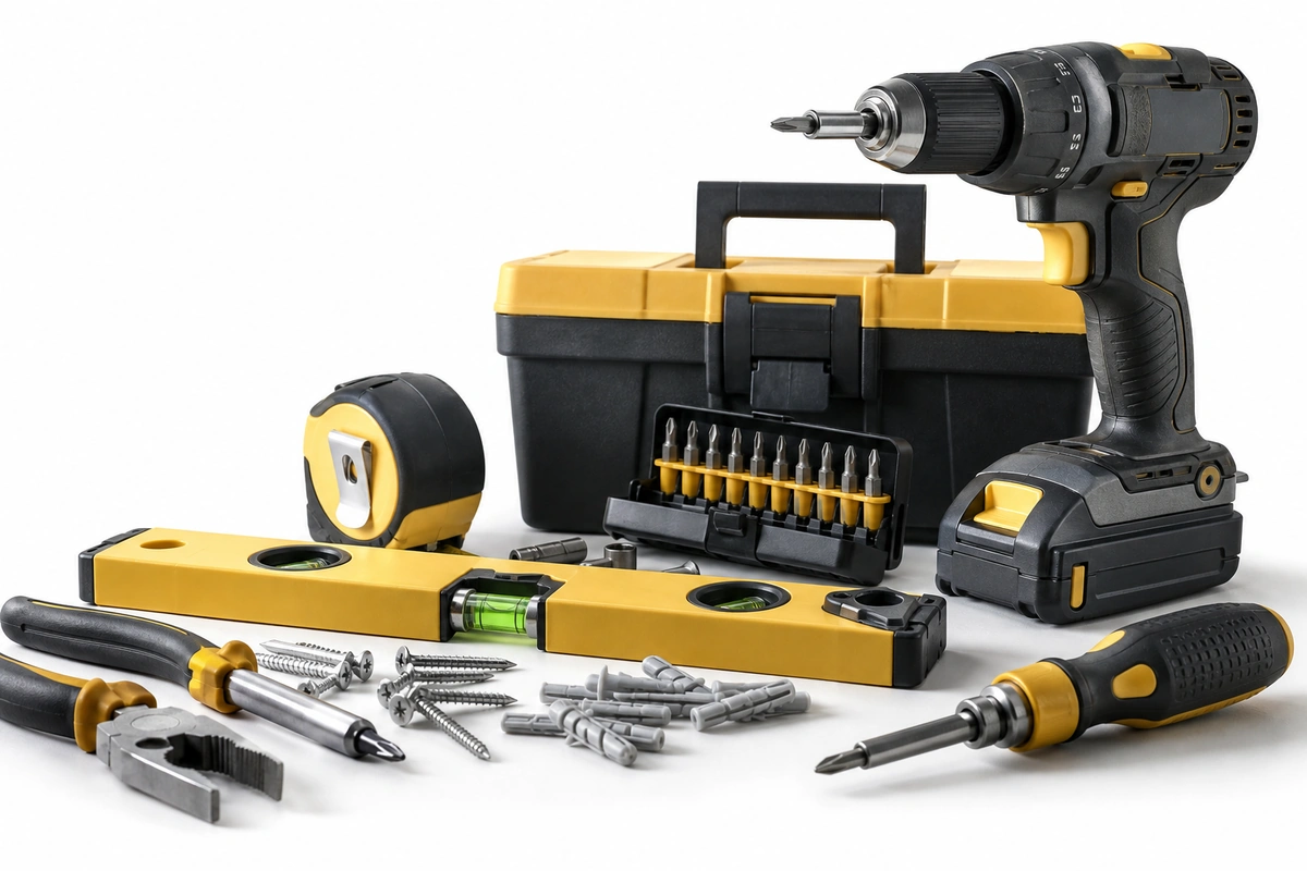 Organized tool zone with slatwall hooks holding power tools, hand tools, and safety equipment