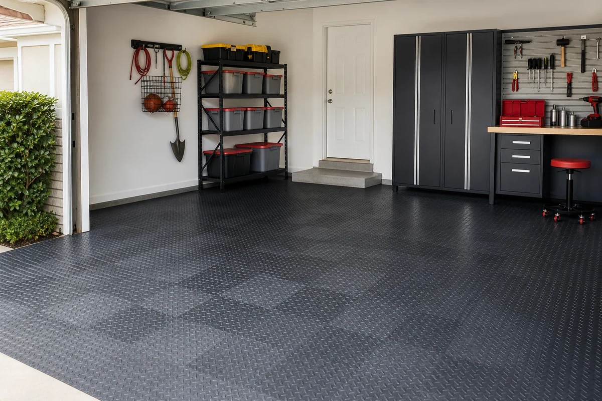 DuraFlex Diamond Plate PVC tiles installed in two-car residential garage with vehicles parked
