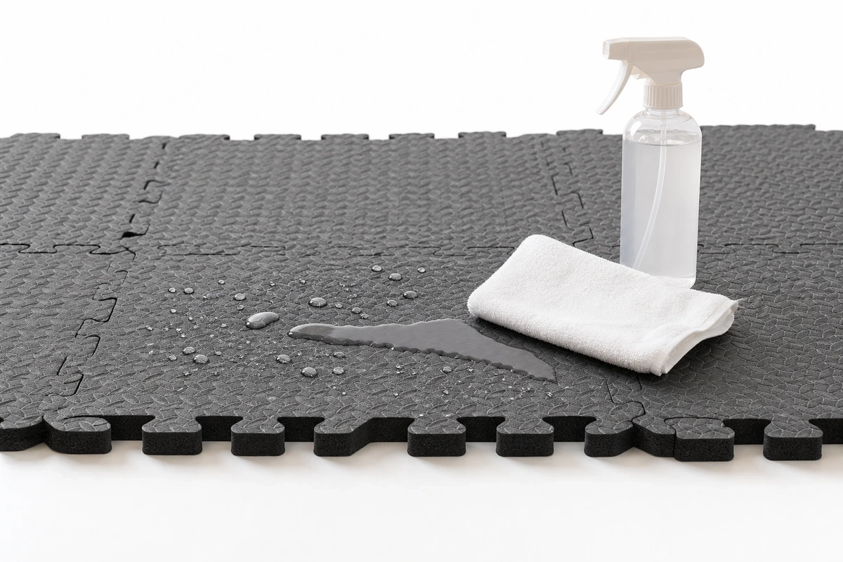 Spray bottle and cloth wiping water droplets off a foam play mat