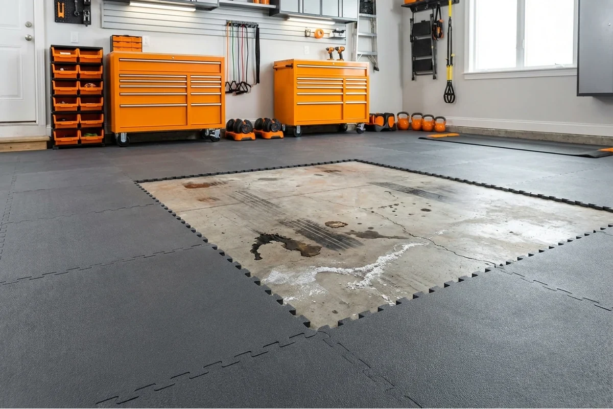 Common garage flooring problems: oil stains, tire marks, concrete cracks requiring durable floor covering