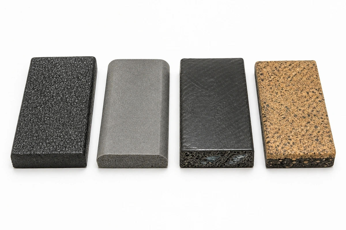 Four anti-fatigue mat material samples - EVA foam, PVC, polyurethane, and rubber