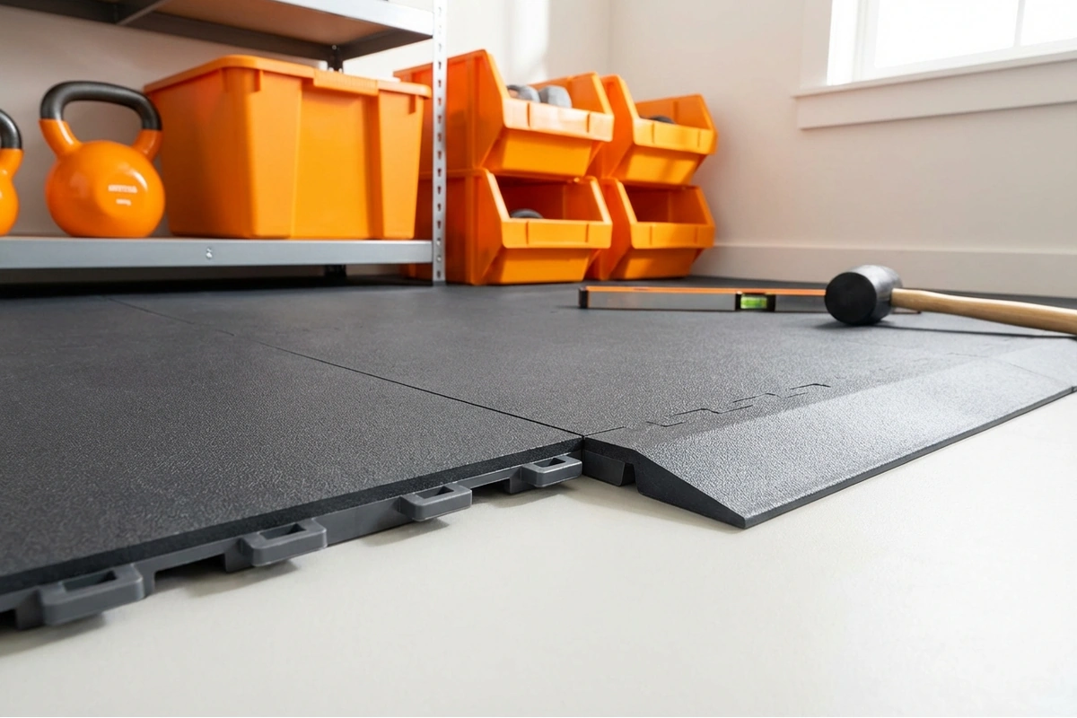 PVC interlocking garage floor tiles with snap-lock mechanism and beveled edge trim for DIY installation