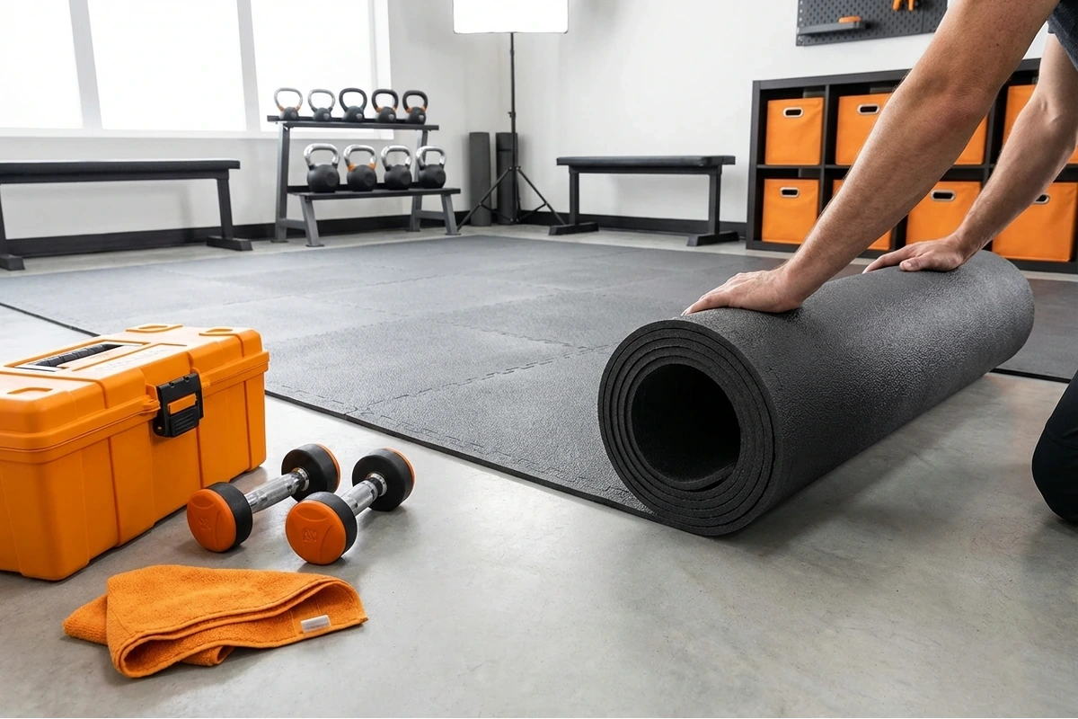 Quick garage flooring solution: roll-out mat installation for fast coverage and temporary protection