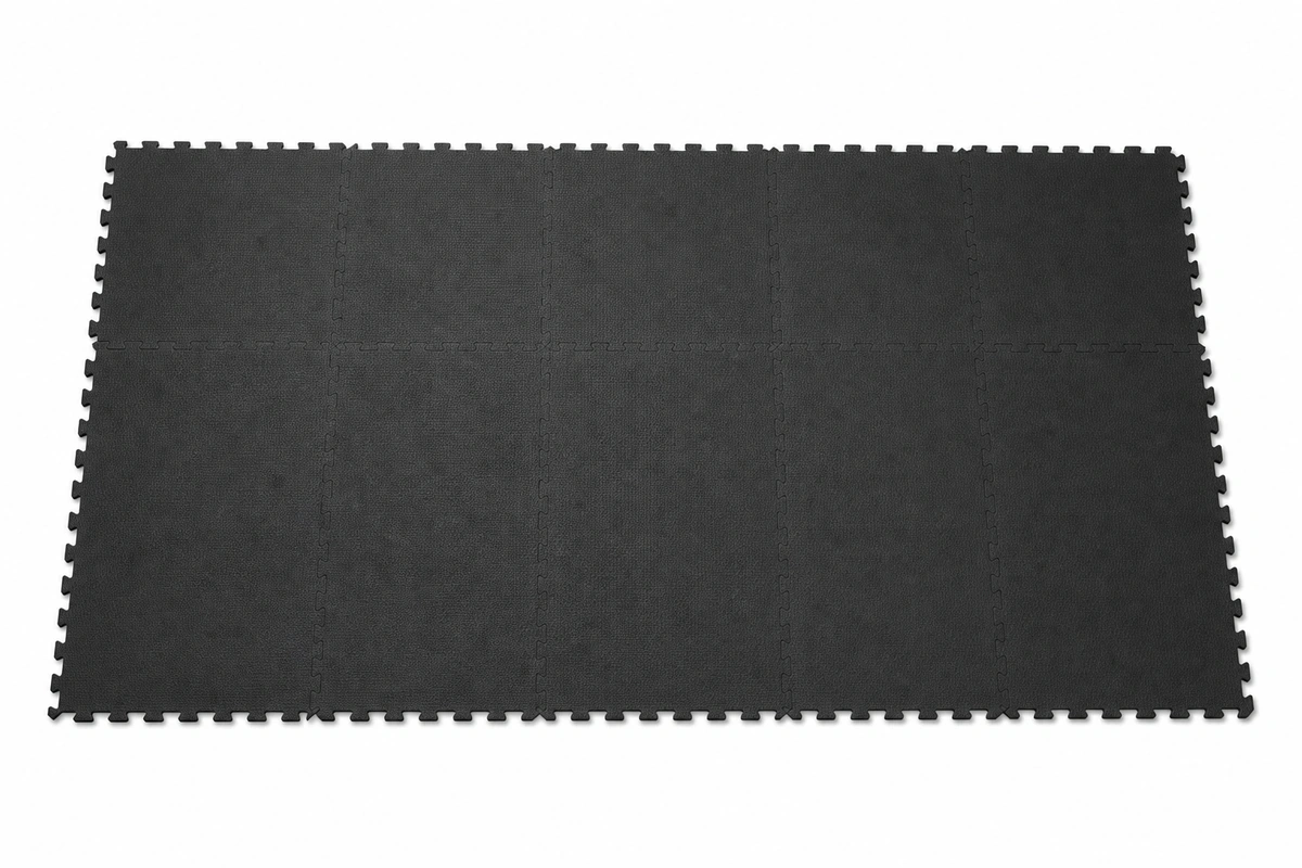 Full room coverage layout of interlocking foam play mat tiles