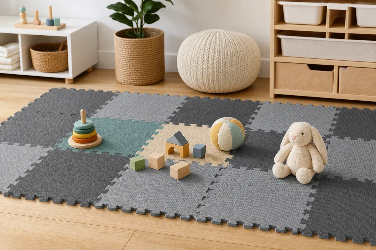 Toddler jumping onto thick interlocking foam play mats in bright modern playroom