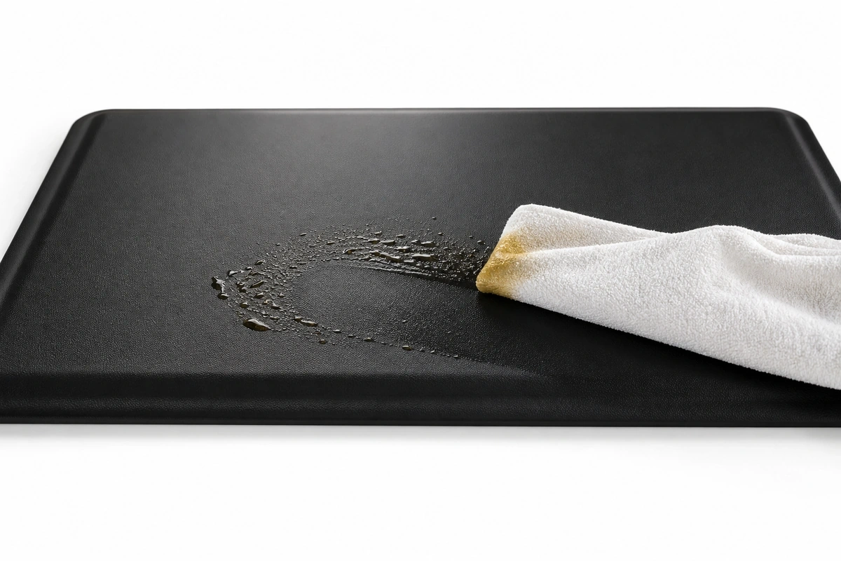 Hand wiping grease spill off kitchen anti-fatigue mat with damp cloth demonstrating easy cleaning