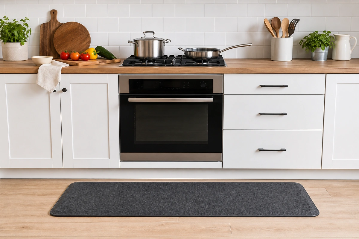Home chef standing comfortably on anti-fatigue mat while chopping vegetables in modern kitchen