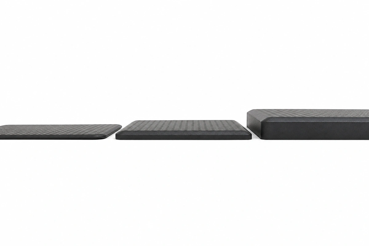 Side view comparison showing kitchen anti-fatigue mat thickness: 0.5 inch, 0.75 inch, and 1 inch options