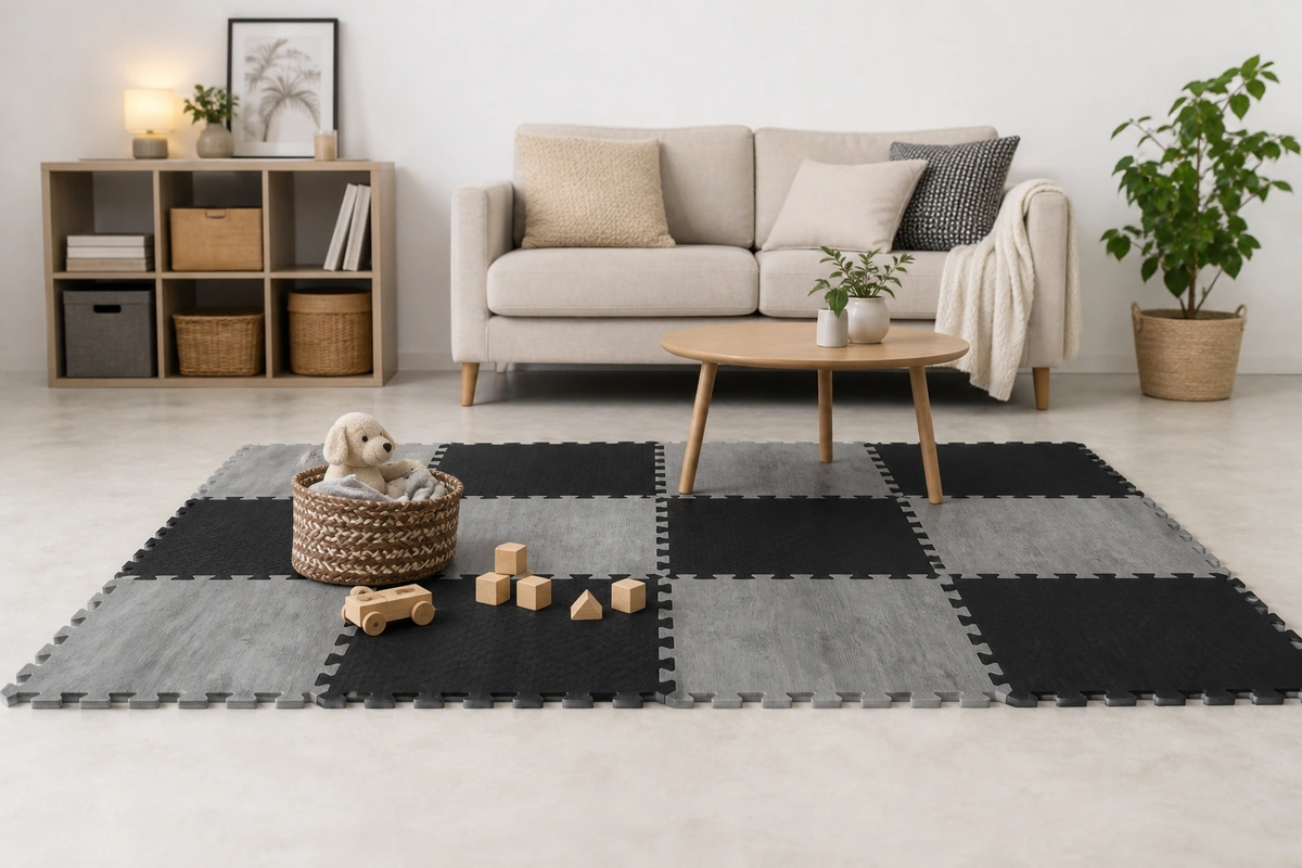 Modern living room with foam play mat area integrated into home decor on hardwood floors