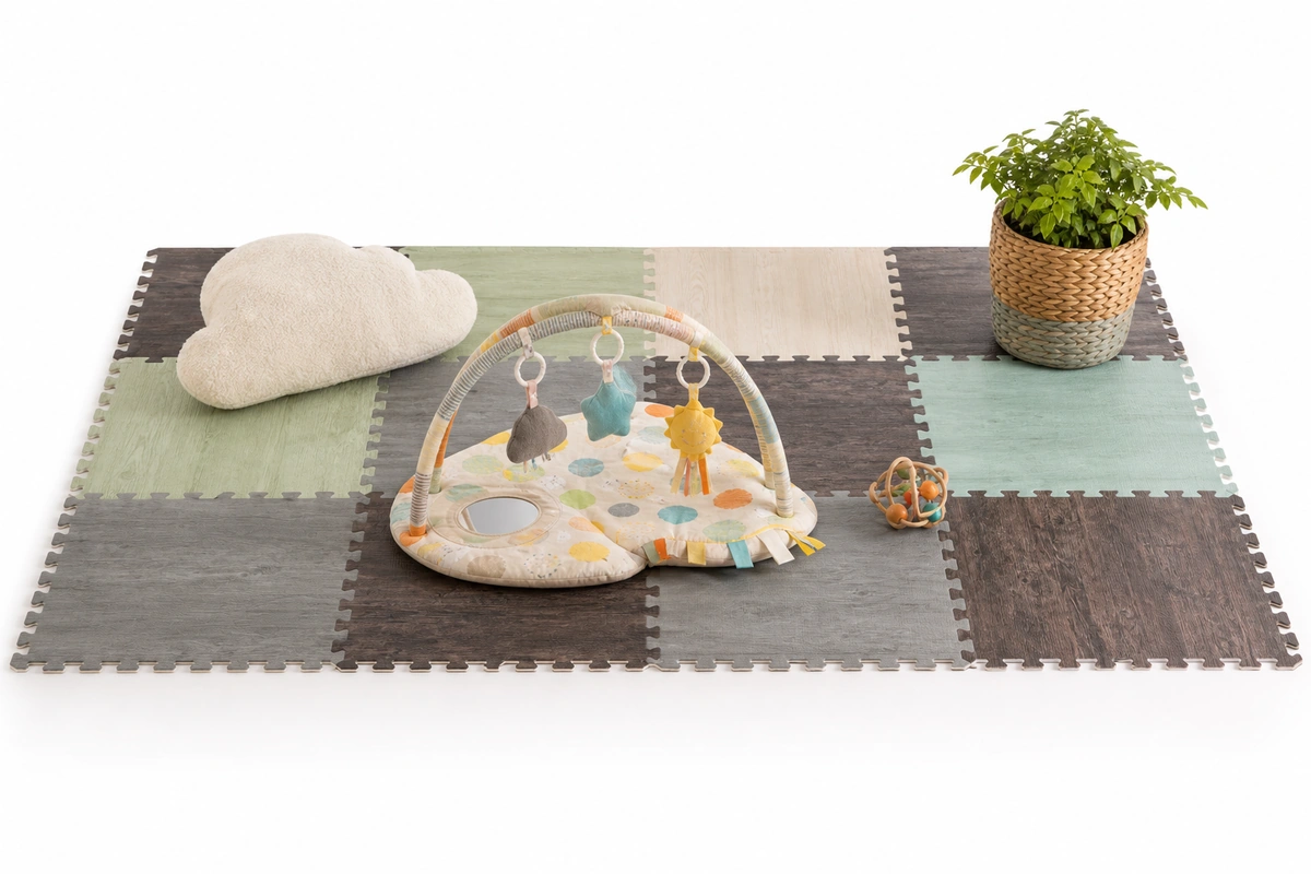 Baby doing tummy time on colorful non-toxic foam play mat in bright nursery