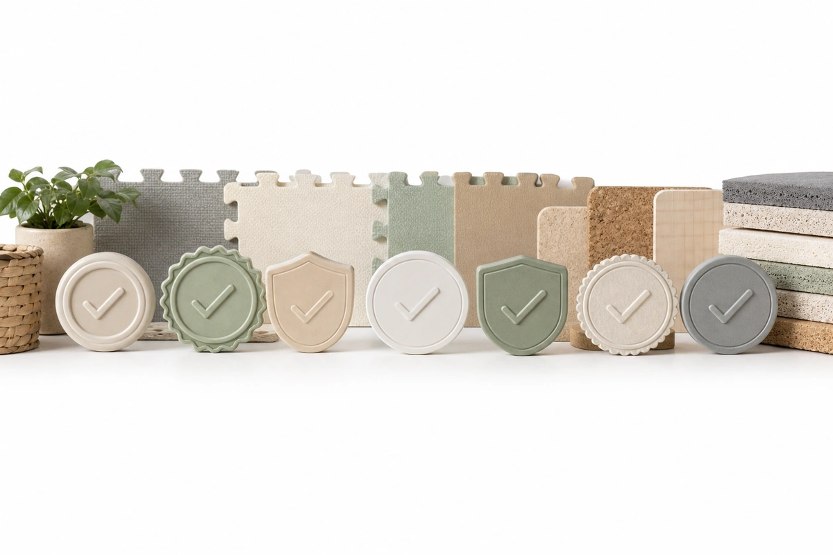 Safety certification badges for non-toxic play mats including CPSIA Greenguard Gold CertiPUR-US