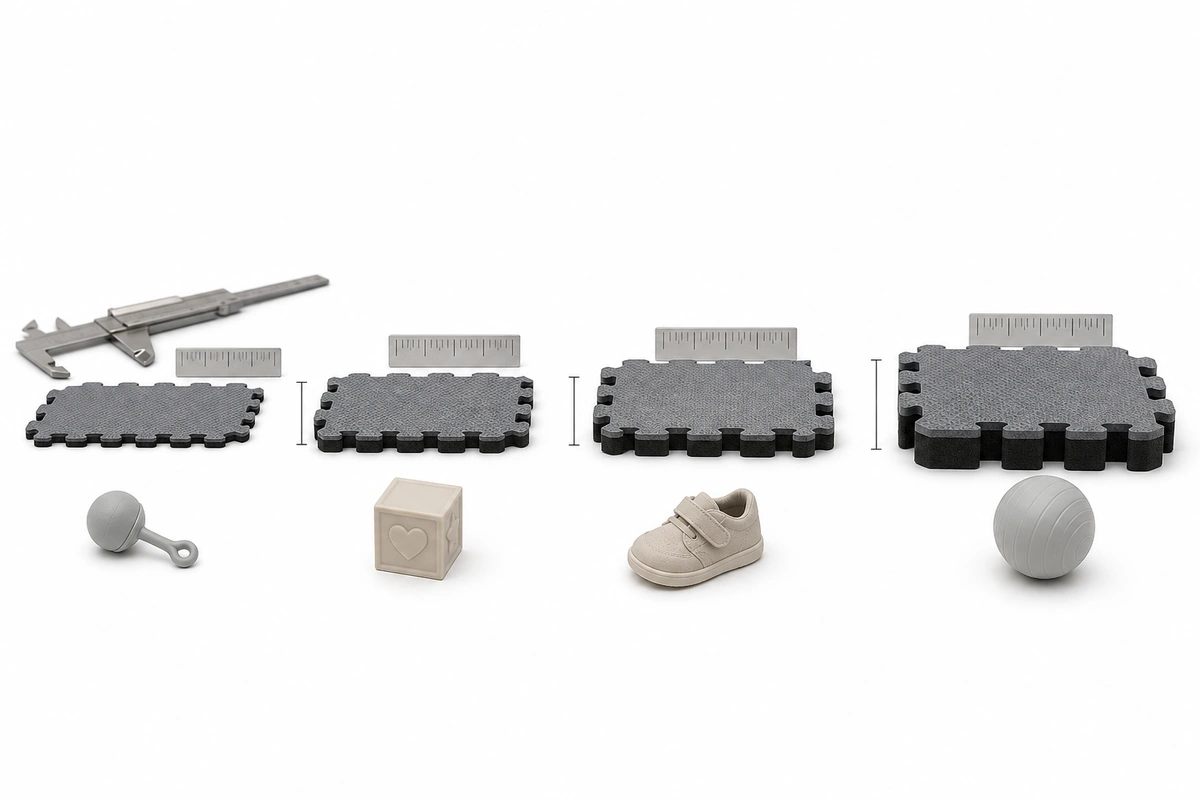 Foam play mat thickness comparison showing different options by age from newborn to active toddler