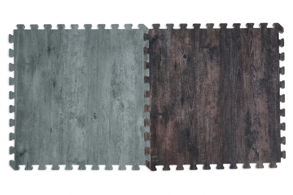 Wood-look interlocking foam playroom tiles showing puzzle-piece edges