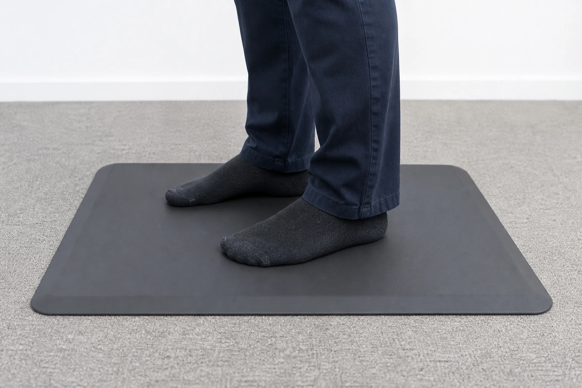 A black anti-fatigue mat with a beveled edge resting on office carpet