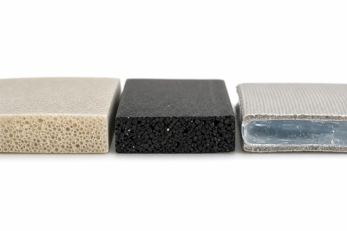 Cross-sections of foam, rubber, and gel anti-fatigue mat materials side by side