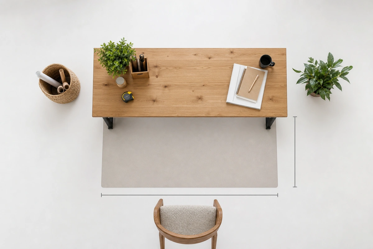 Top-down view of a standing desk mat sized to cover the full standing zone