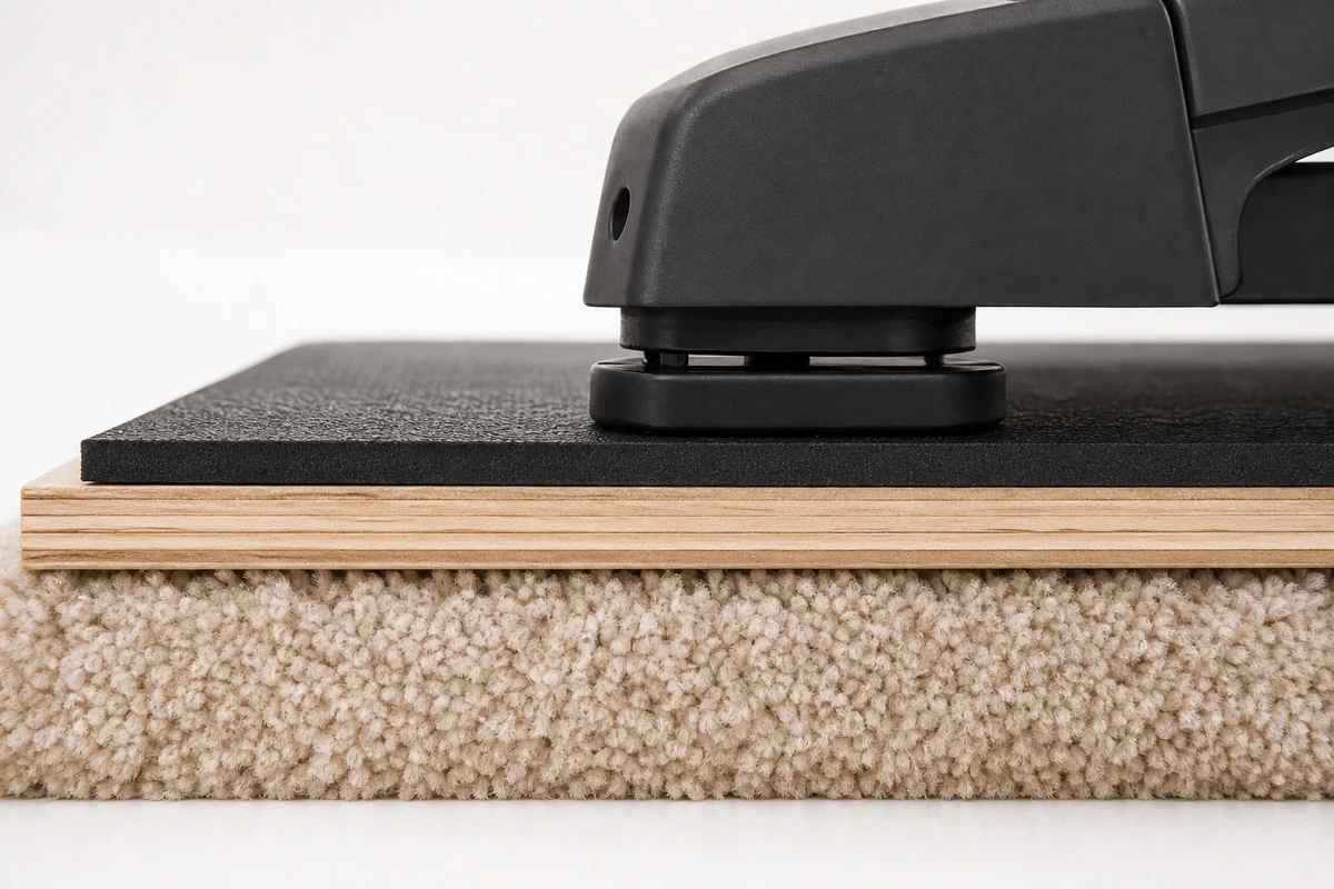 A treadmill foot on a rigid board placed over a mat on carpet, shown in cross-section
