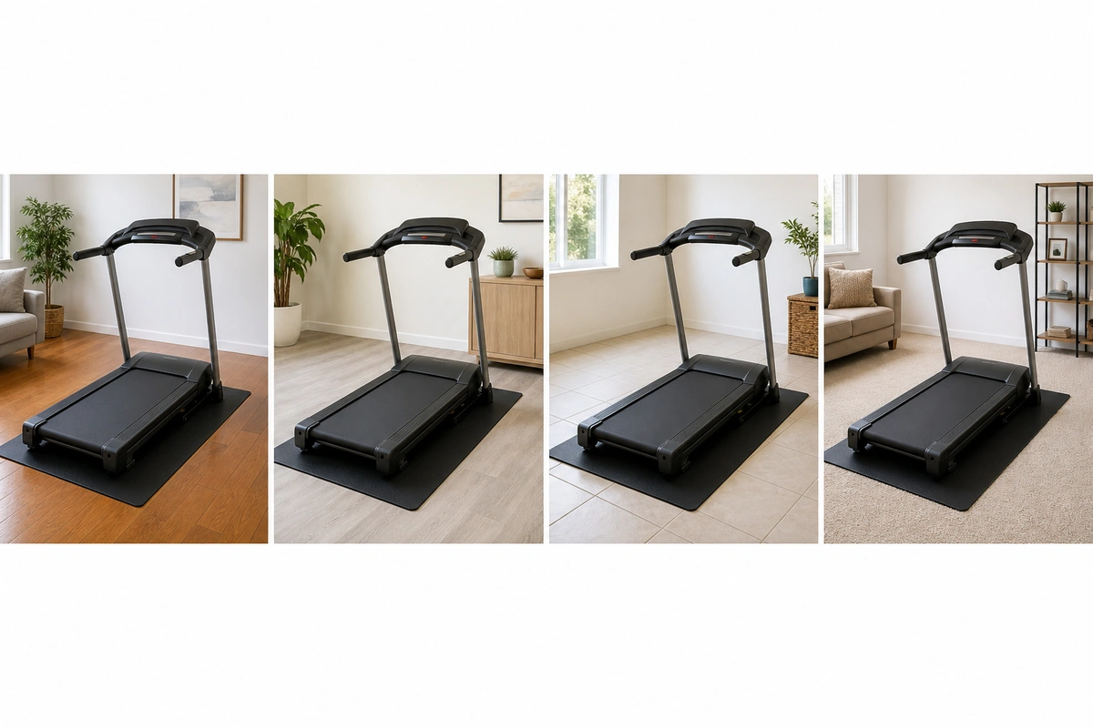 The same treadmill on a protective mat shown on hardwood, laminate, tile, and carpet floors