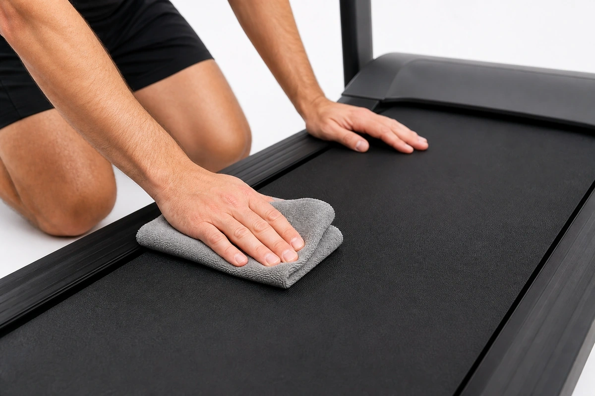 Wiping down a treadmill mat with a microfiber cloth